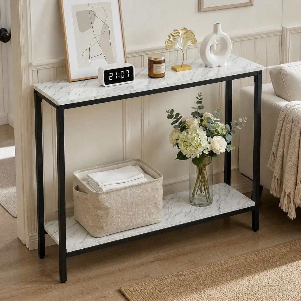 Console Table 2-Tier Marble Effect Storage Black Metal Frame