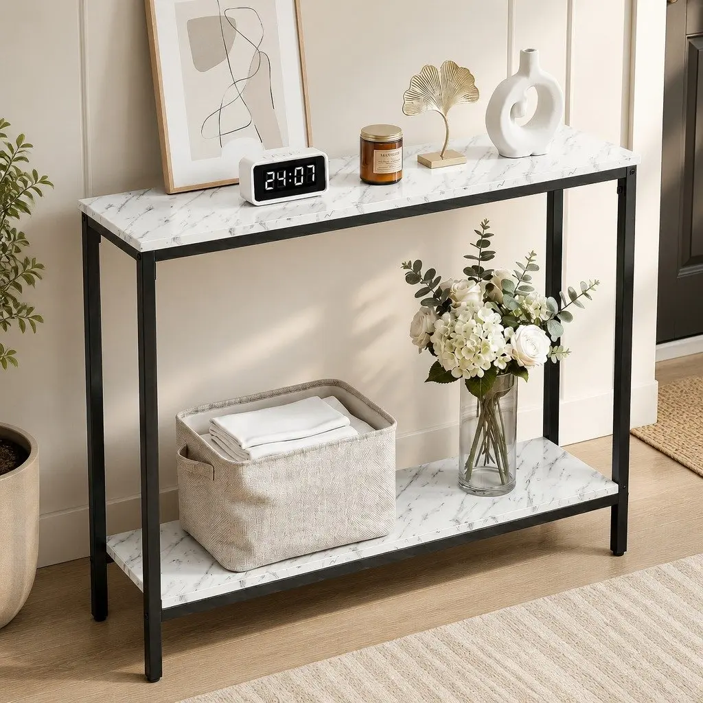Console Table 2-Tier Marble Effect Storage Black Metal Frame