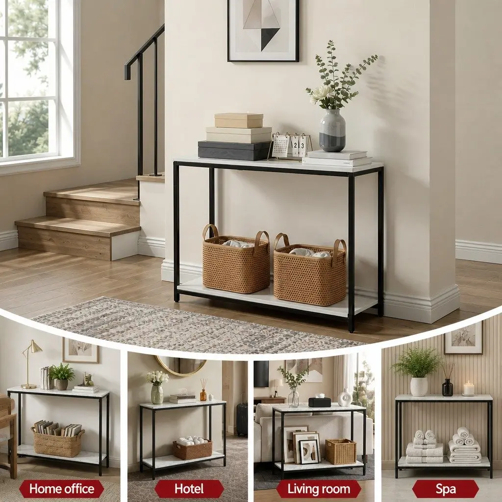 Console Table 2-Tier Marble Effect Storage Black Metal Frame