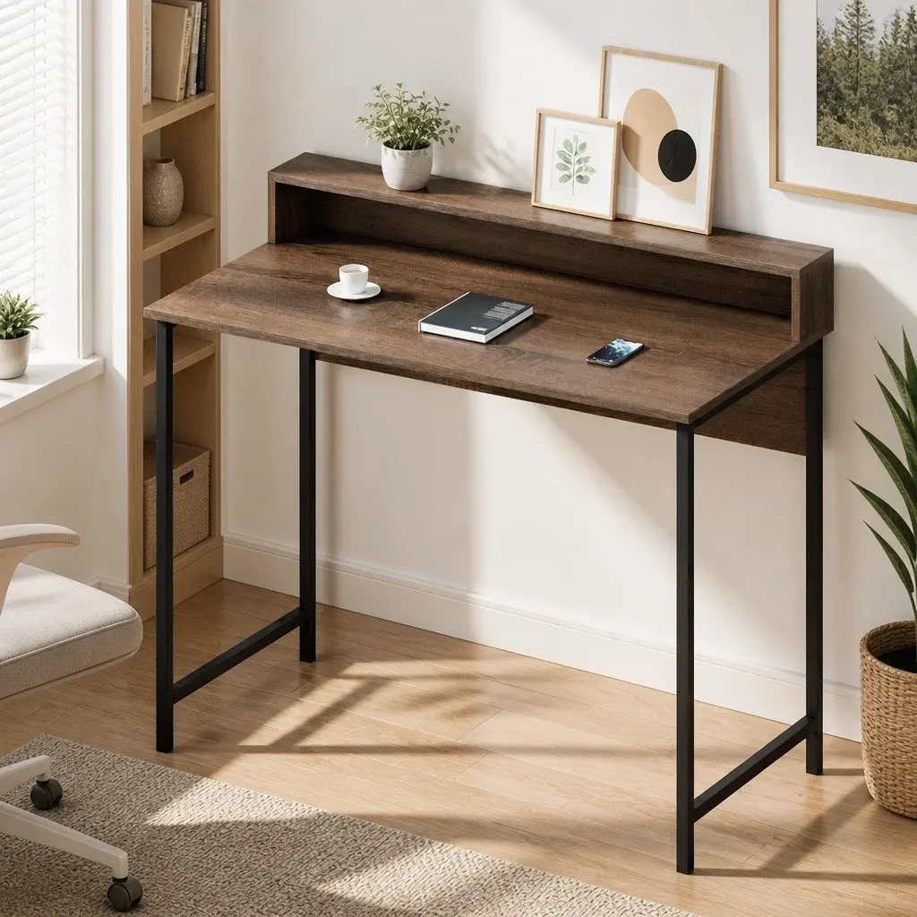 Computer Desk 100cm Oak Top with Shelf Storage for Home Office and Study