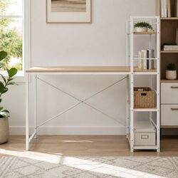 Office Workstation with Shelves in Oak and White Frame