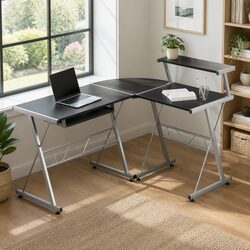 L-Shape Computer Desk with Keyboard Tray Top Shelf Study Work Station Black