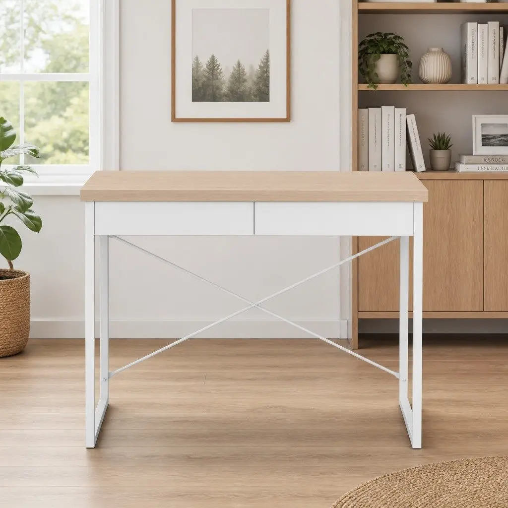 Computer Desk 100cm Oak 2 Drawers Storage U-Shaped Steel Frame