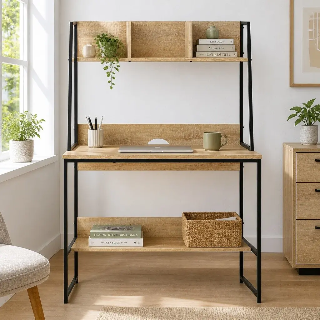 Computer Desk 100CM Oak with Bookshelf Storage for Small Space Home Office