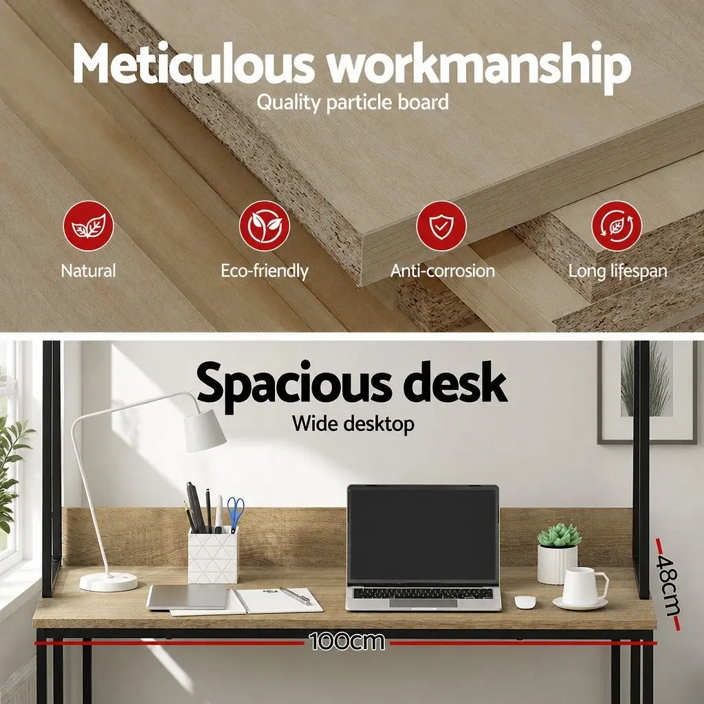 Computer Desk 100CM Oak with Bookshelf Storage for Small Space Home Office