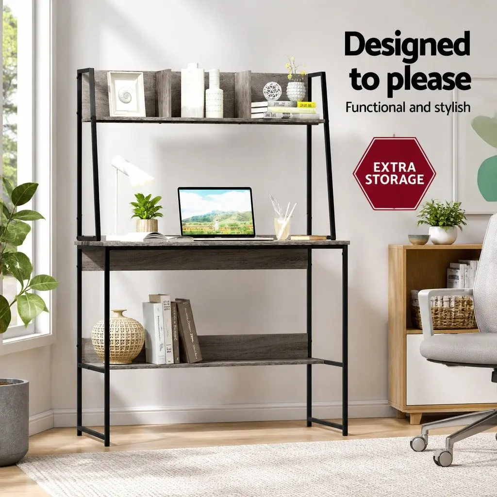 Computer Desk 100cm Grey Spacious Desktop with Bookshelf Storage