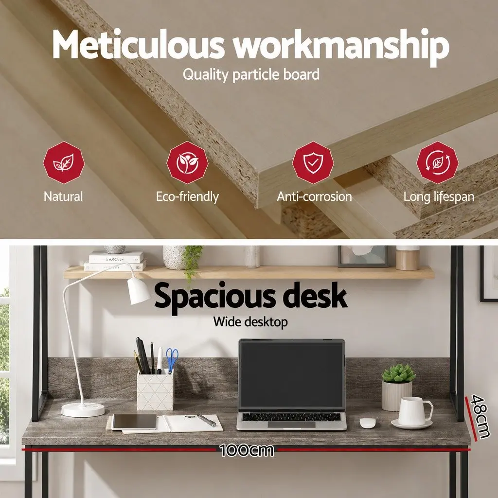 Computer Desk 100cm Grey Spacious Desktop with Bookshelf Storage