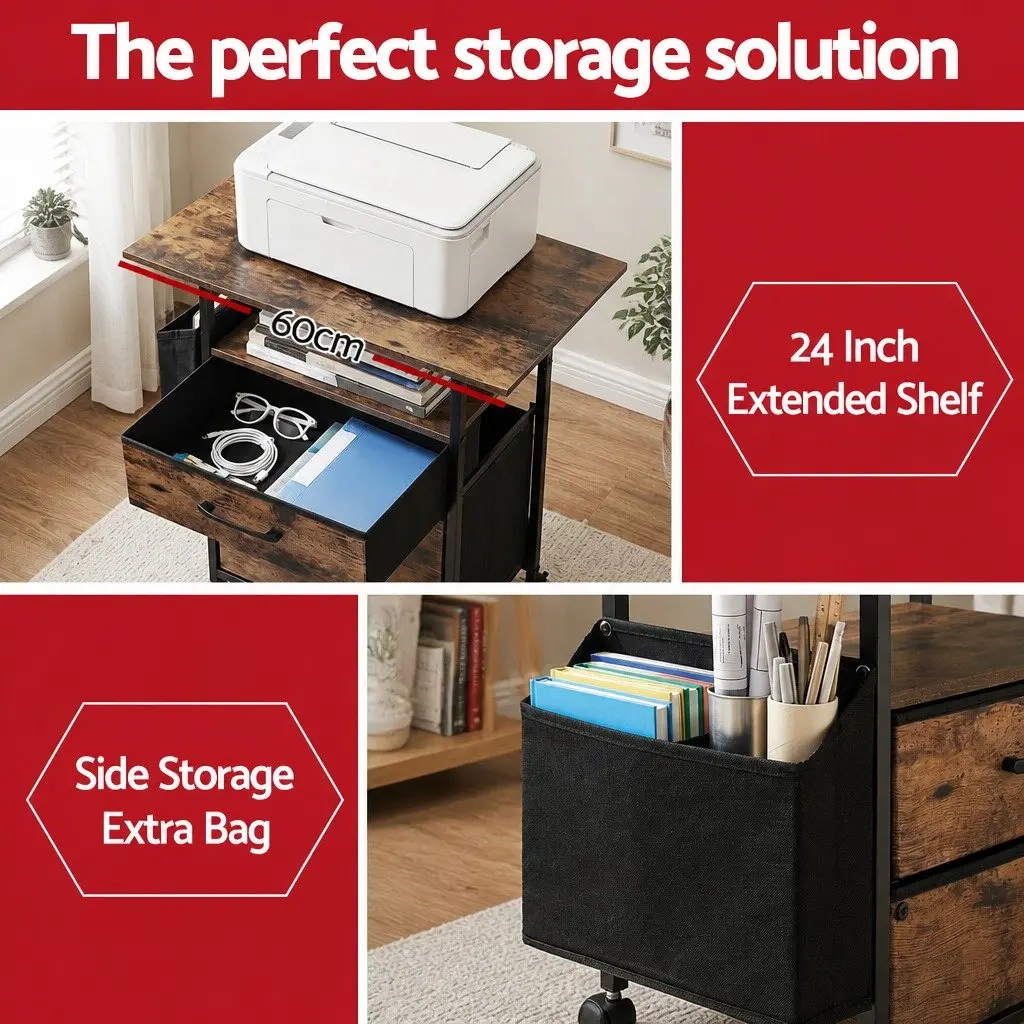 Mobile Filing Cabinet 60cm Printer Stand 2 Drawer File Storage with Castors