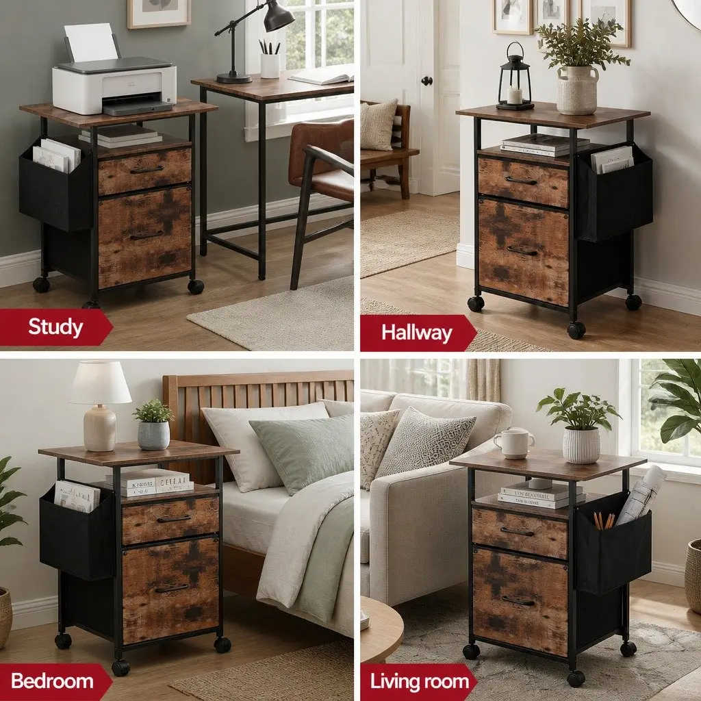 Mobile Filing Cabinet 60cm Printer Stand 2 Drawer File Storage with Castors