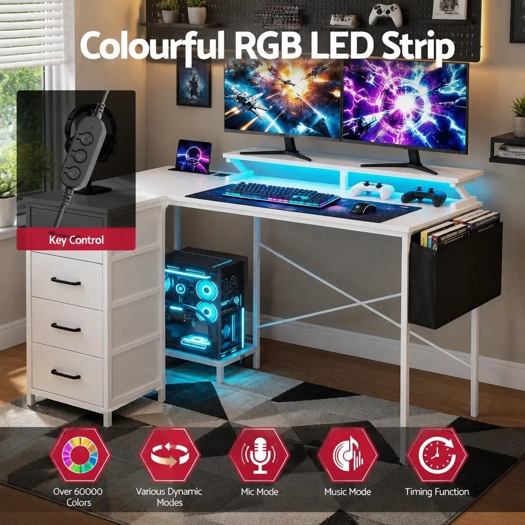 L Shaped Gaming Computer Desk 140cm White Workspace with LED Lighting Power