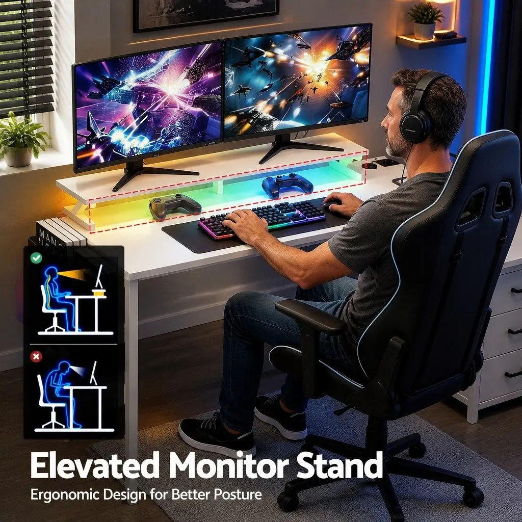 L Shaped Gaming Computer Desk 140cm White Workspace with LED Lighting Power