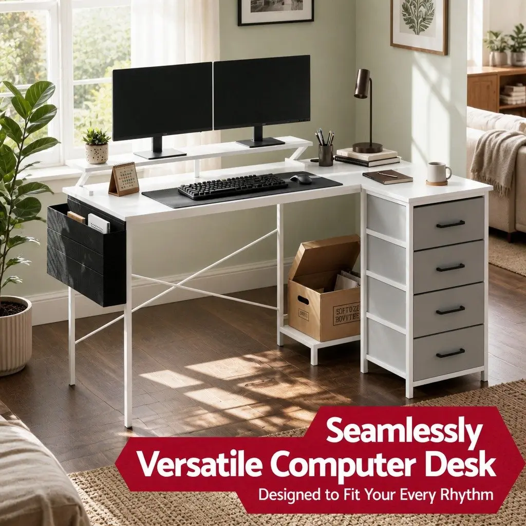L Shaped Gaming Computer Desk 140cm White Workspace with LED Lighting Power