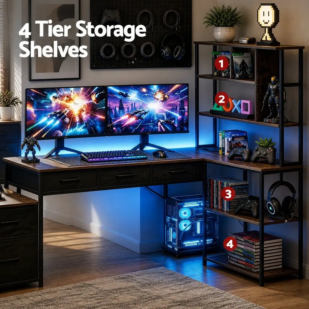 L Shaped Gaming Computer Desk 200cm Workspace with LED Lights and Power Outlets