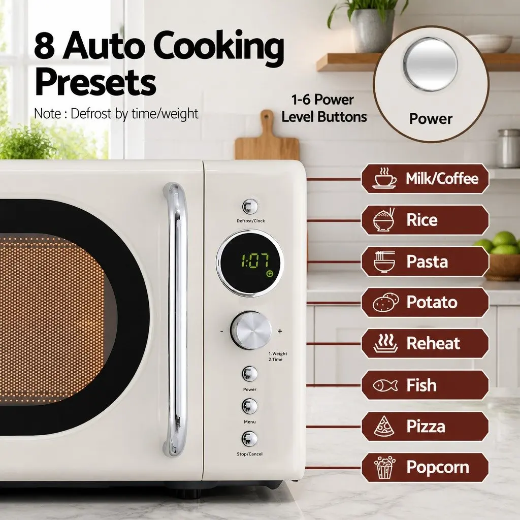 Microwave Oven 20L 700W Digital Timer One-Touch Express Cooking Defrost LED Display Cream