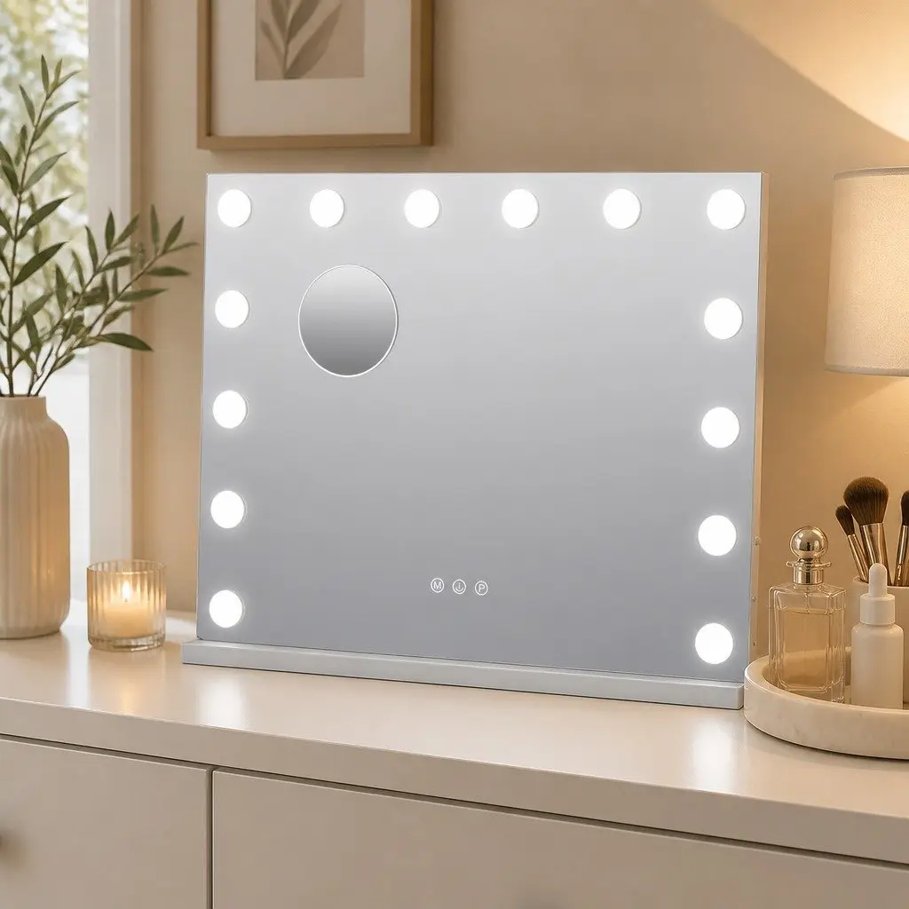 LED Vanity Makeup Mirror 50cm x 42cm 14 LED Bulbs 3-Color Adjustable Lighting Detachable 10x Magnifying Mirror