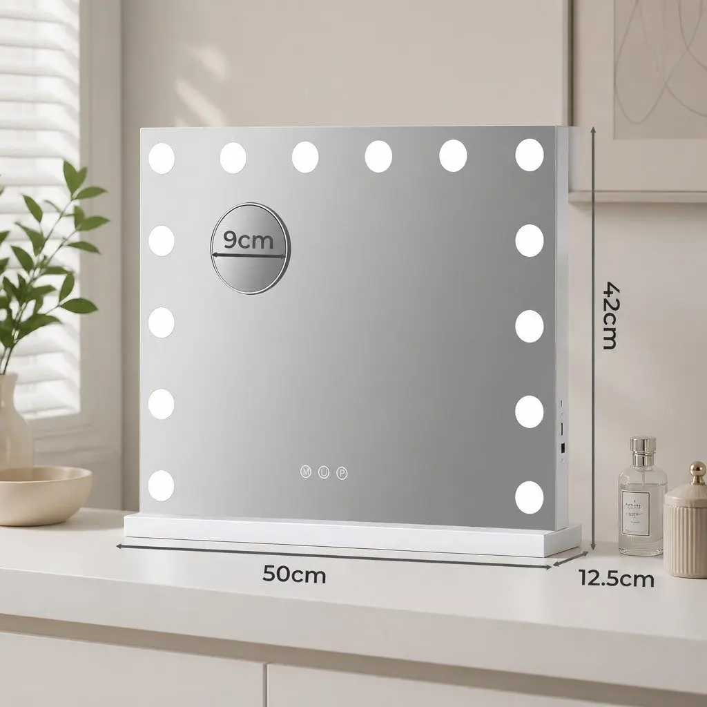 LED Vanity Makeup Mirror 50cm x 42cm 14 LED Bulbs 3-Color Adjustable Lighting Detachable 10x Magnifying Mirror