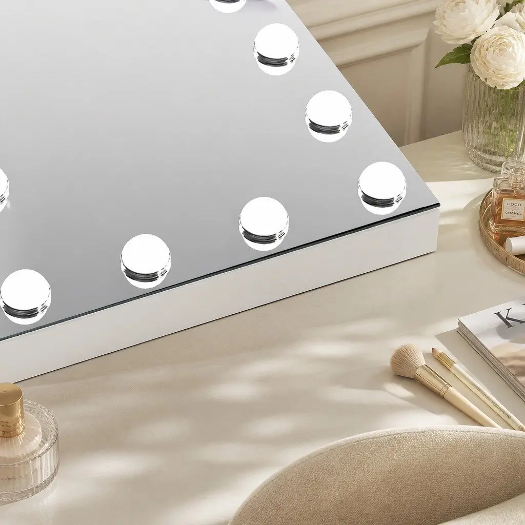 LED Vanity Makeup Mirror 50cm x 42cm 14 LED Bulbs 3-Color Adjustable Lighting Detachable 10x Magnifying Mirror