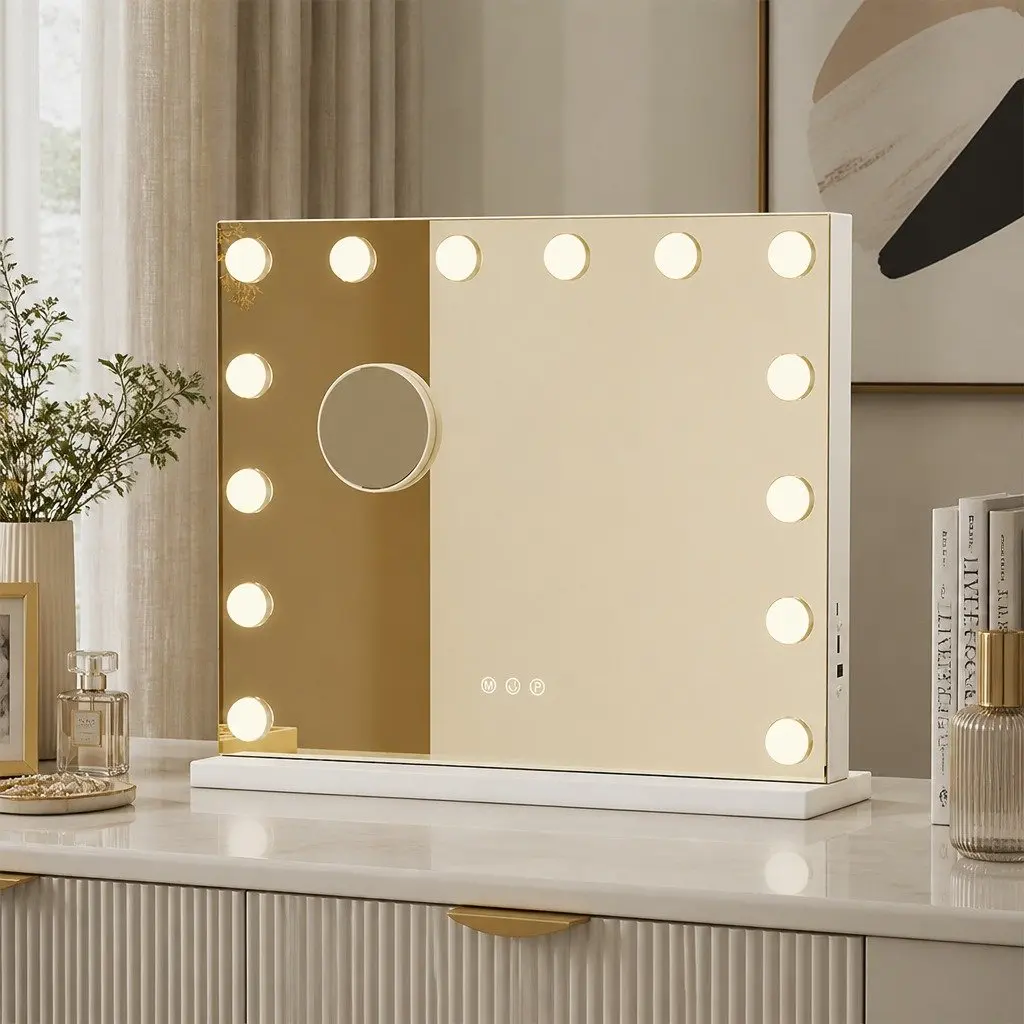 LED Vanity Makeup Mirror 50cm x 42cm 14 LED Bulbs 3-Color Adjustable Lighting Detachable 10x Magnifying Mirror