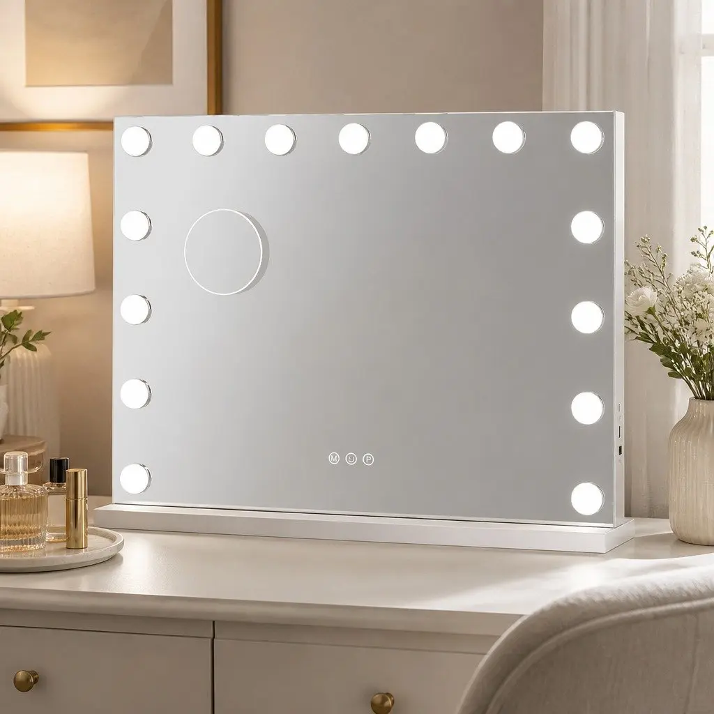 LED Vanity Mirror 45x58cm 3-Color Adjustable Lighting with Detachable 10x Magnifying Mirror