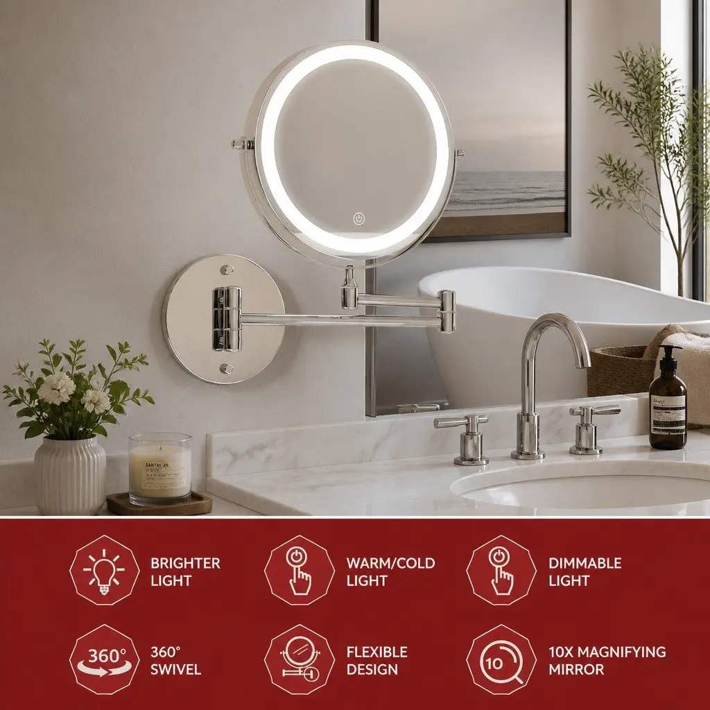 Makeup Mirror 33cm Extendable 10X Magnifying LED Touch Control Adjustable Brightness