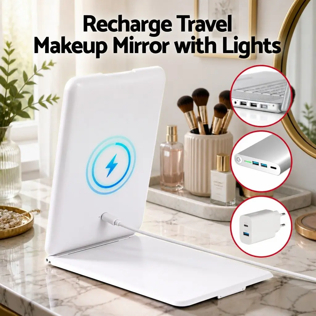 Portable Makeup Mirror 19cm with Lights 10x Magnifier Rechargeable Travel Vanity