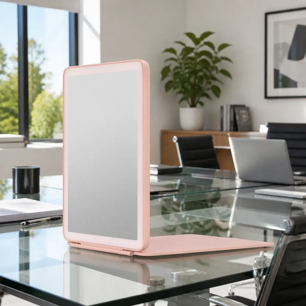 LED Makeup Mirror Pink Portable Foldable with Touch Control Brightness and Colour Adjustment