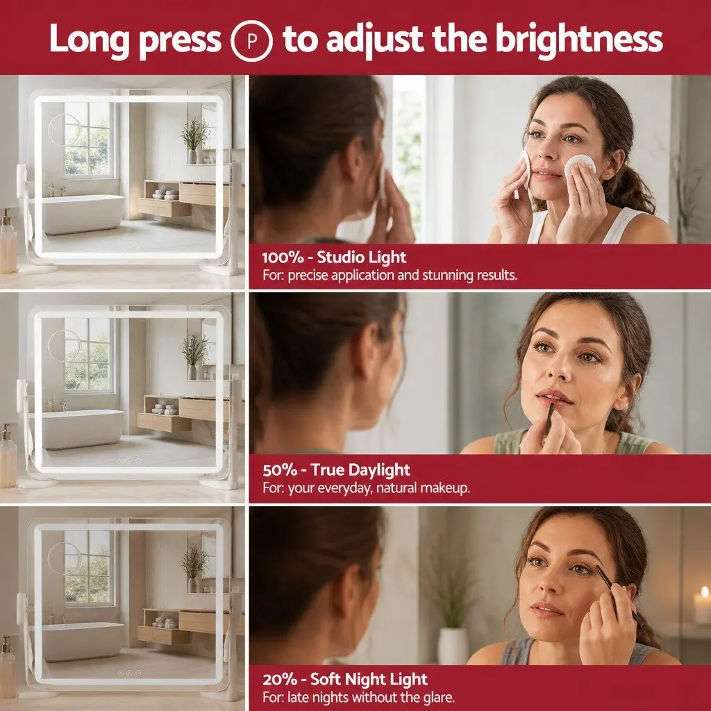 Makeup Mirror 60x50cm LED Light Touch Control Adjustable Brightness Colour Temperature