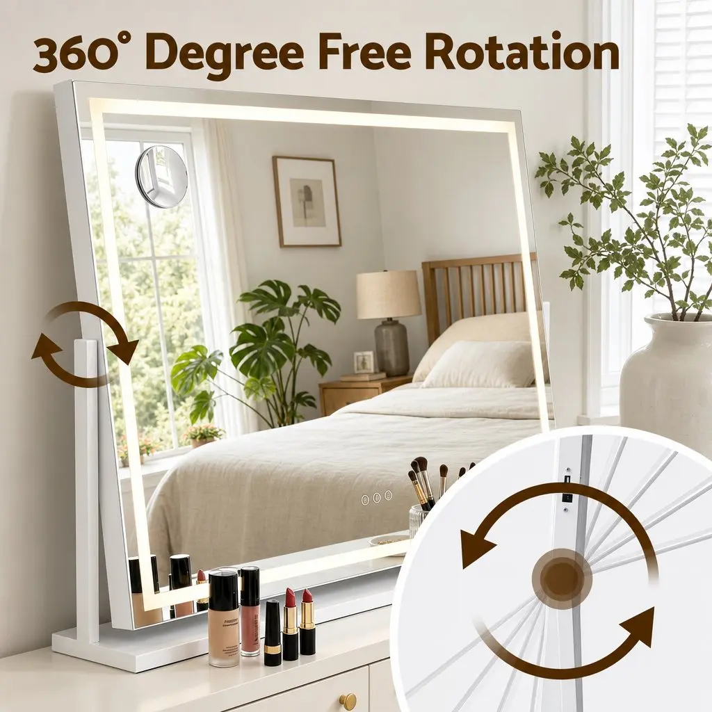 Vanity Makeup Mirror 90x60cm 360 Degree Rotating with Adjustable LED Lights and Phone Mount