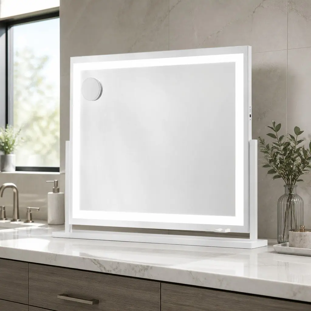 Makeup Mirror 80x65cm LED Light Touch Control White Frame Stand