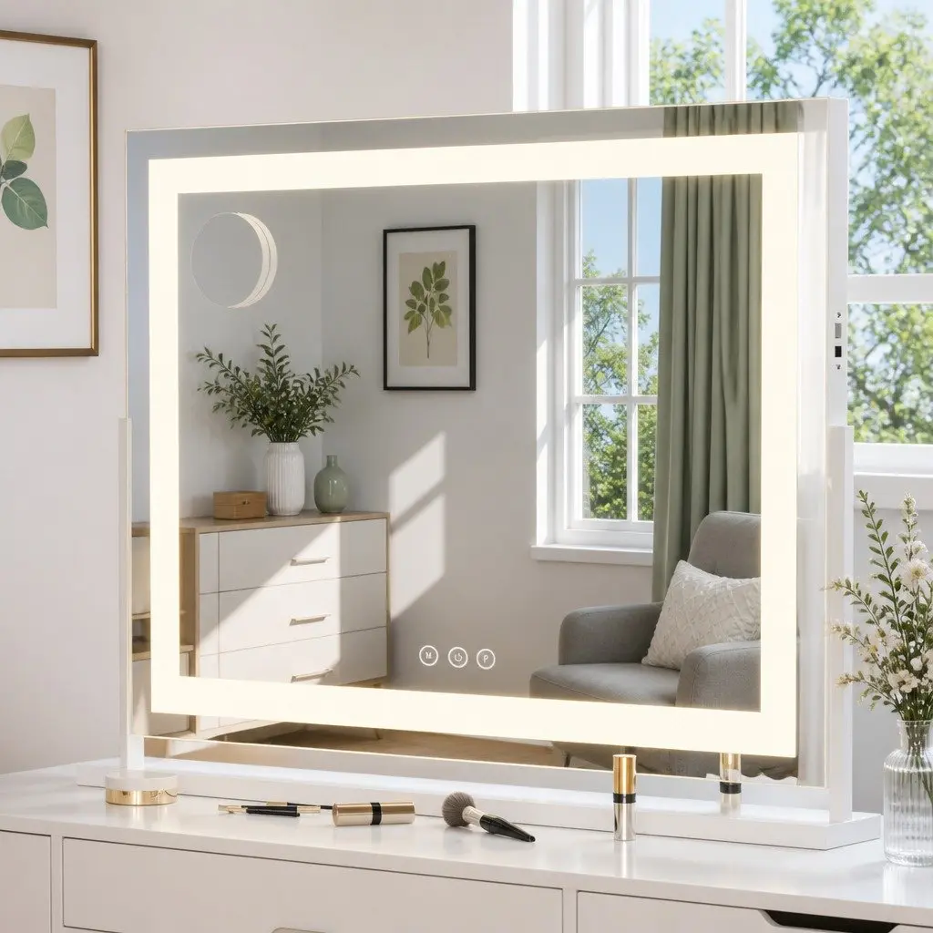 Makeup Mirror 80x65cm LED Light Touch Control White Frame Stand