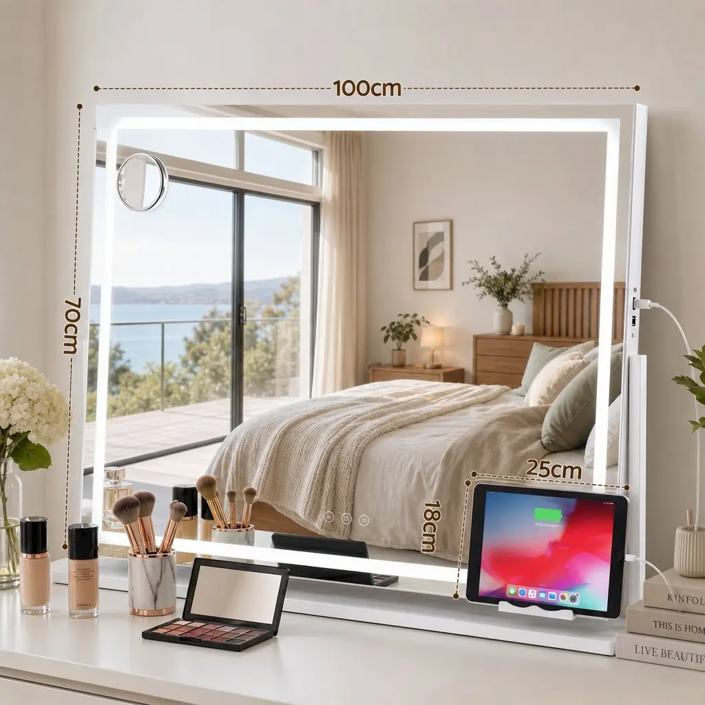 Vanity Makeup Mirror 100x70cm 360 Degree Rotatable LED Lighted with Adjustable Brightness and 3 Colour Temperature Options