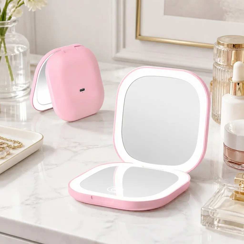 LED Compact Makeup Mirror 7.5cm 1x 10x Magnification Lighted Portable Foldable Pink