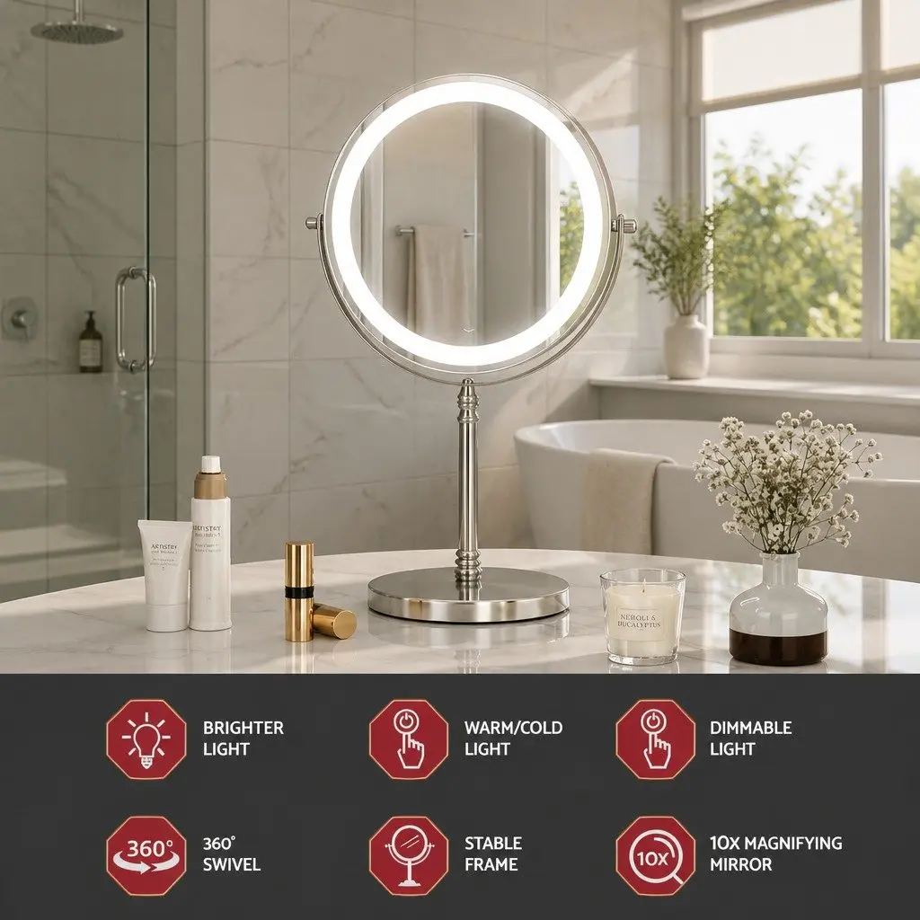Makeup Mirror 20cm 10X Magnification LED Light Touch Control Tabletop