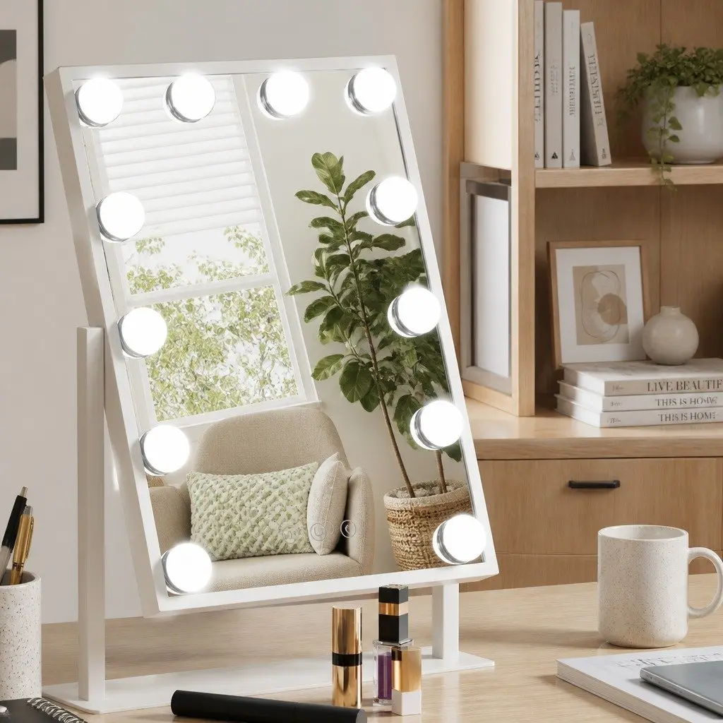 Makeup Mirror 30x41cm LED Light Touch Control 360° Rotation Tabletop White