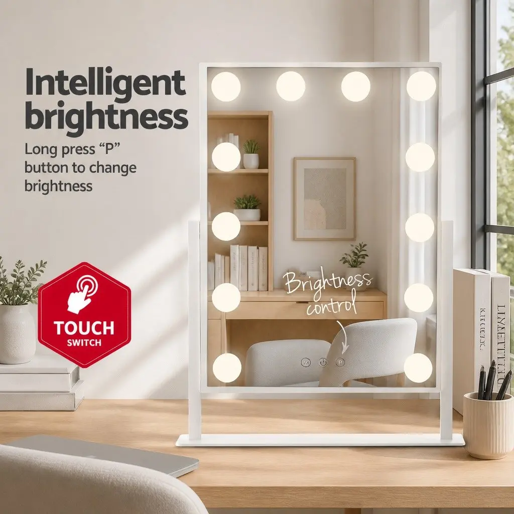 Makeup Mirror 30x41cm LED Light Touch Control 360° Rotation Tabletop White