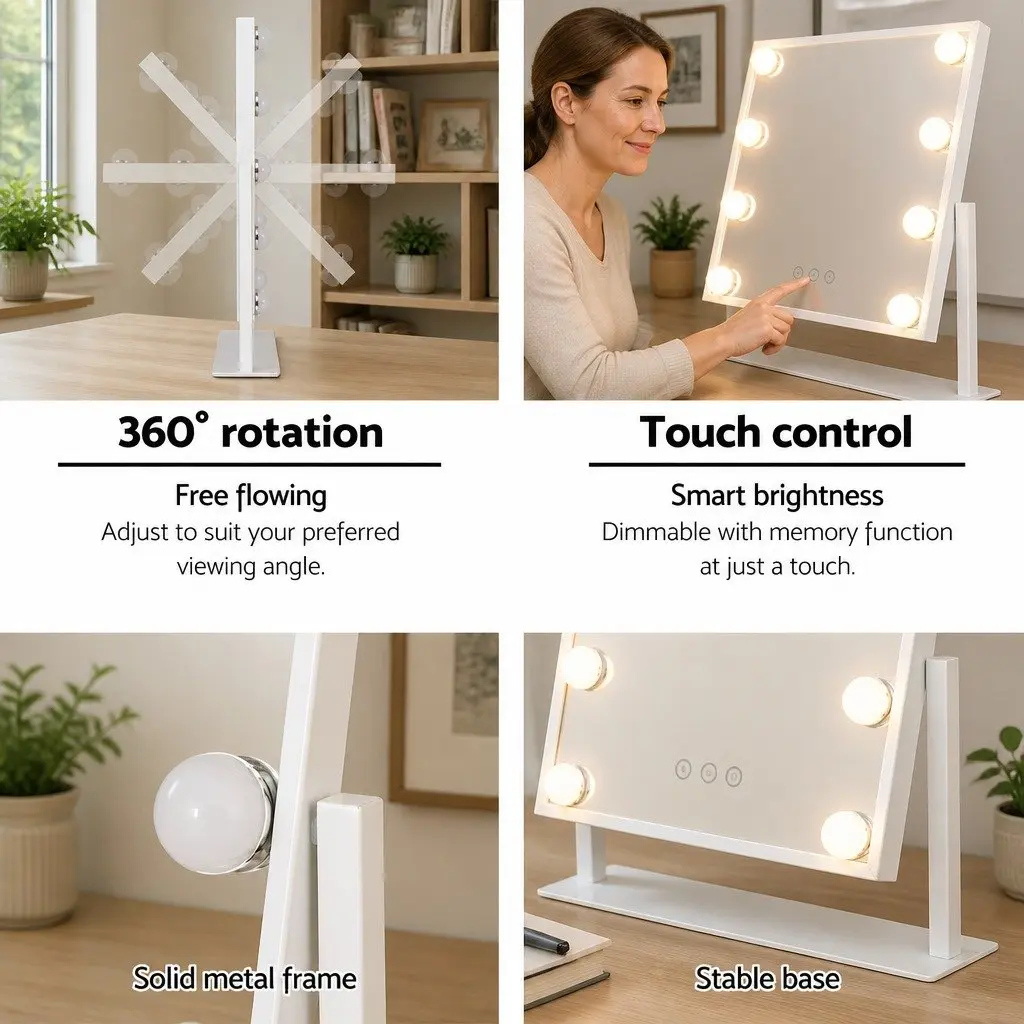 Makeup Mirror 30x41cm LED Light Touch Control 360° Rotation Tabletop White