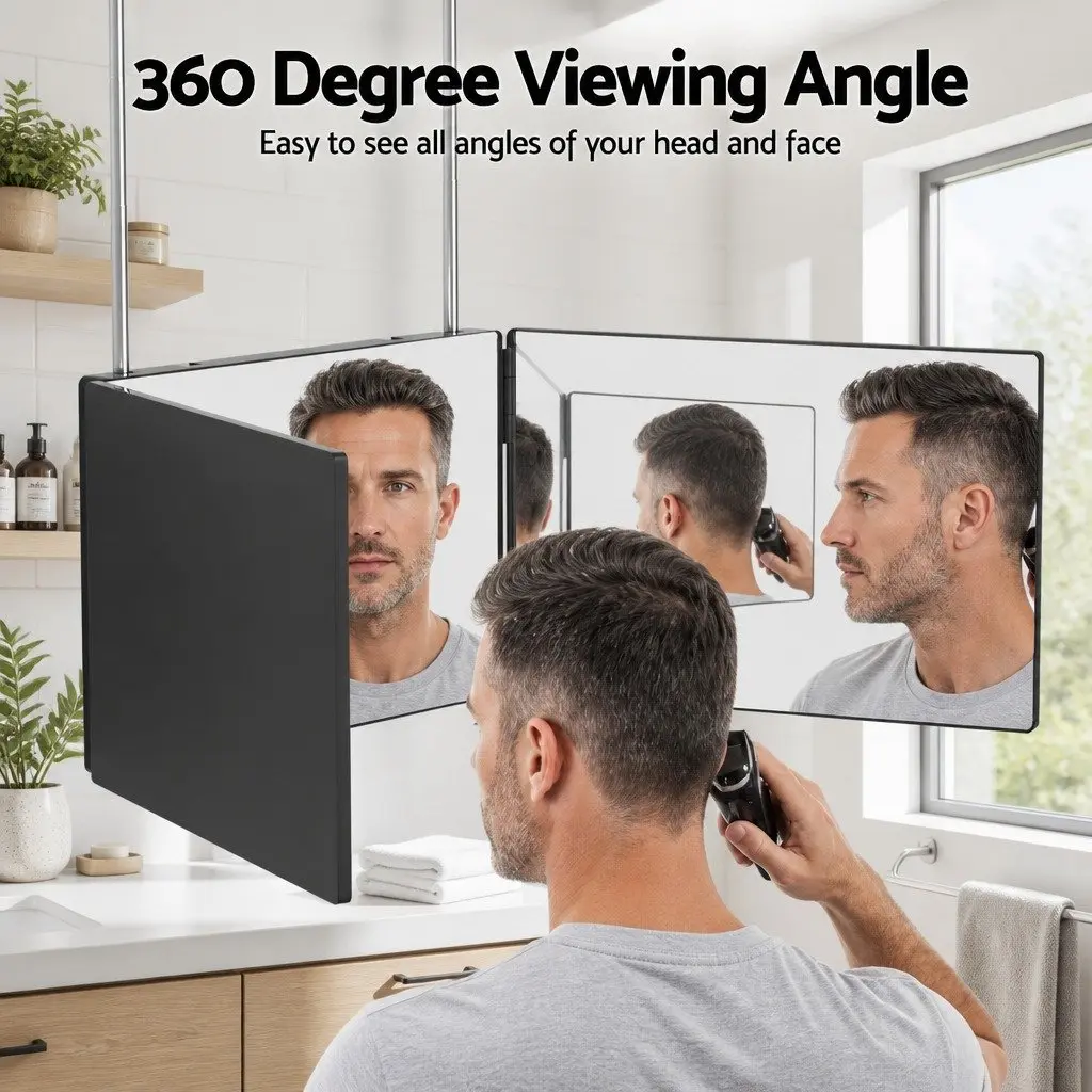 Three Way Makeup Mirror 30cm x 20cm Portable Foldable with 360-Degree View and Retractable Hooks
