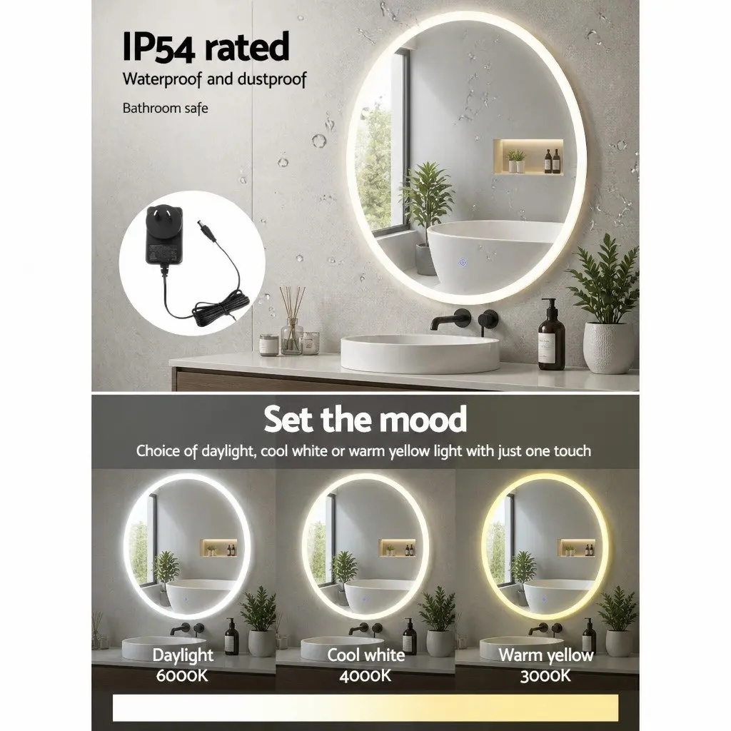 LED Bathroom Mirror 80cm Round Anti-Fog Wall Mounted with Touch Control Brightness Adjustment