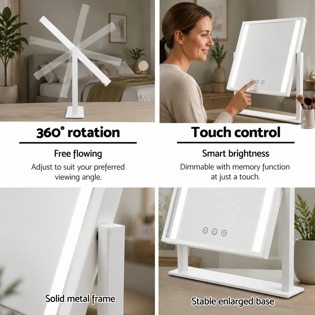 Standing Makeup Mirror 25x30cm LED Light Hollywood Vanity Rotation Touch White