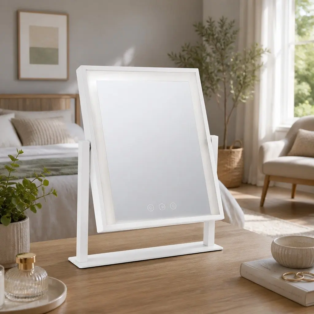 Standing Makeup Mirror 25x30cm LED Light Hollywood Vanity Rotation Touch White