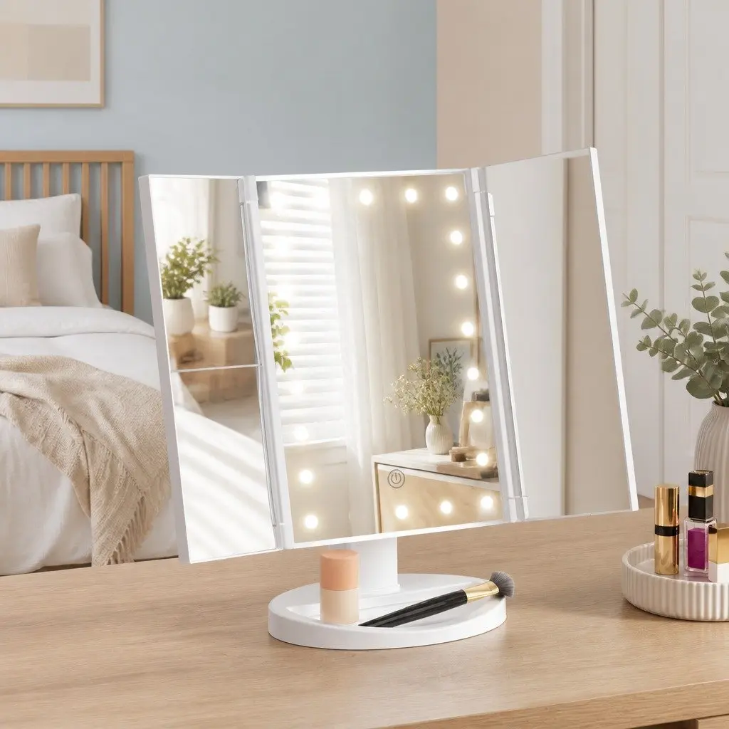 LED Makeup Mirror Tri-fold 22 LED Lights 1X 2X 3X Touch Control Portable White