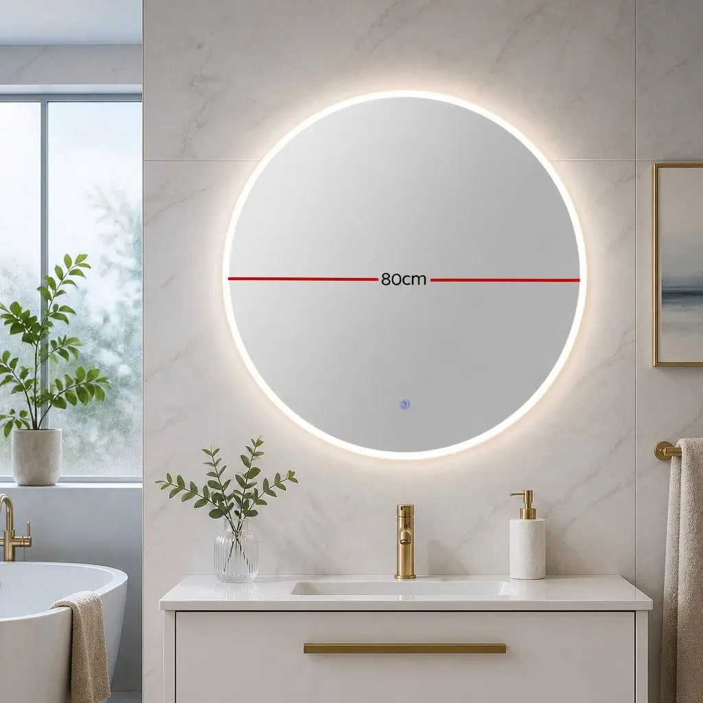 Round Wall Mirror 80cm LED Light Touch Control Anti-Fog Waterproof for Bathroom Vanity Makeup Home Decor