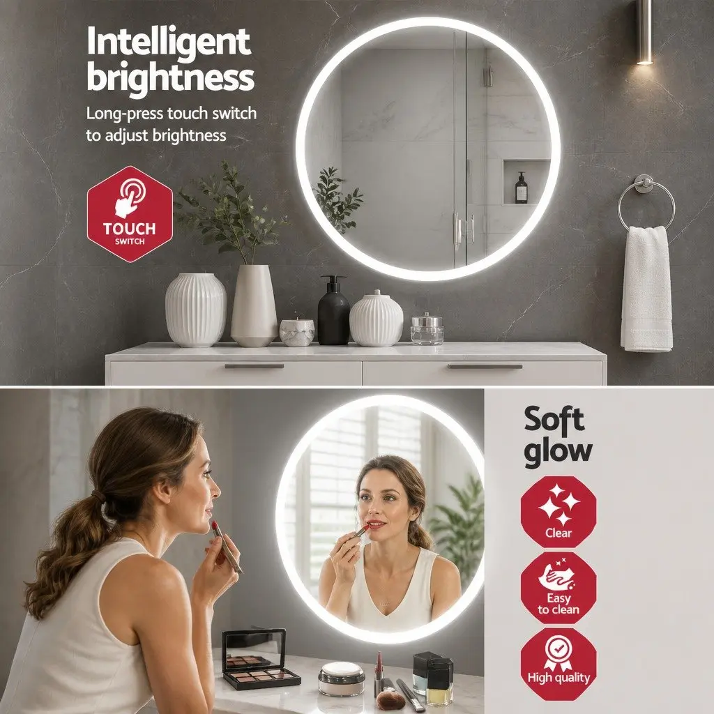 Round LED Wall Mirror 90cm Anti-Fog Touch Control Brightness Adjustment