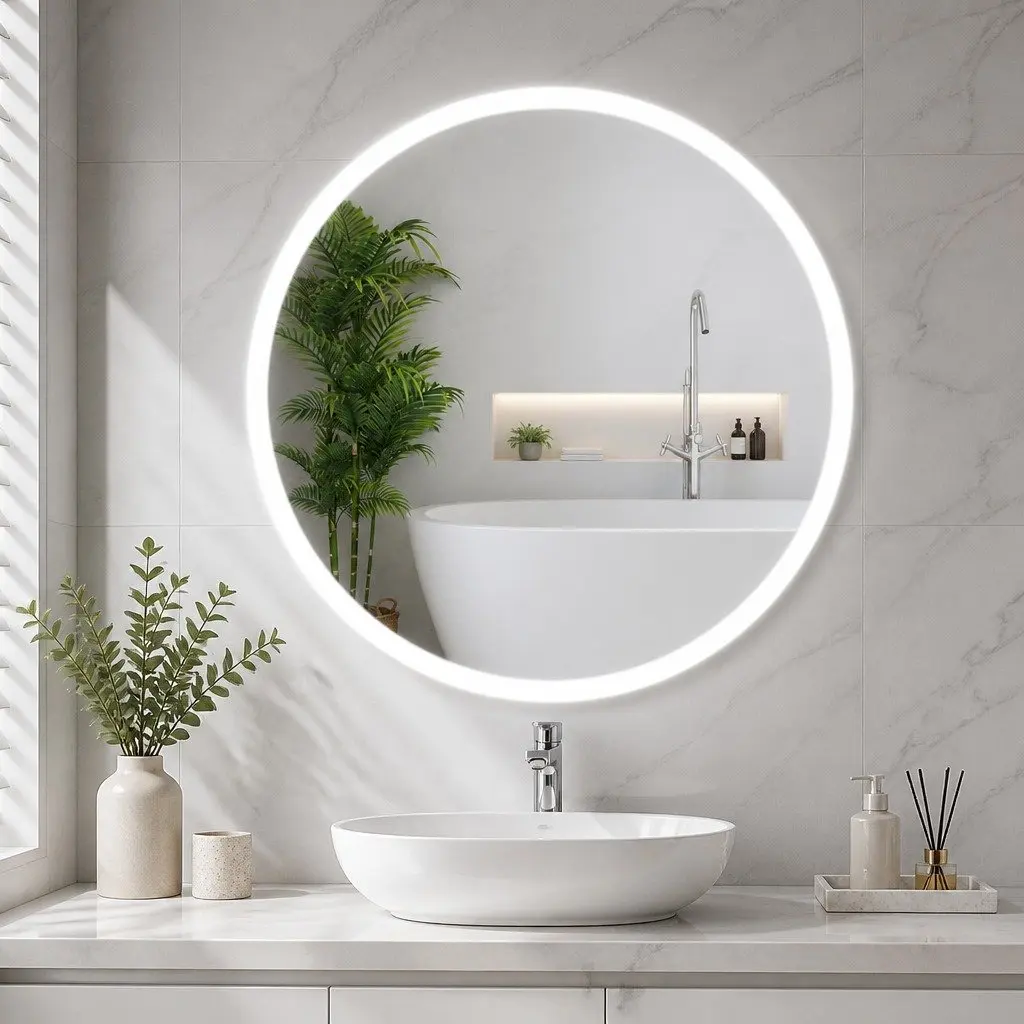 Round LED Wall Mirror 90cm Anti-Fog Touch Control Brightness Adjustment