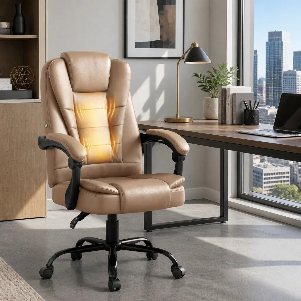 Massage Office Chair High Back PU Leather Espresso Two-Zone Vibration Massage Ergonomic Support