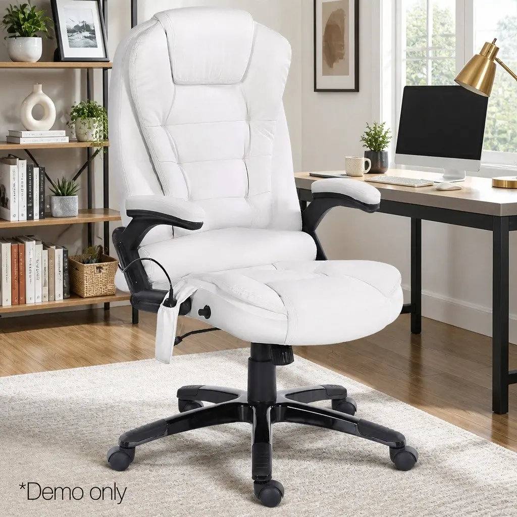 Massage Chair White High Back Heated Seat 8 Point Vibration System PU Leather