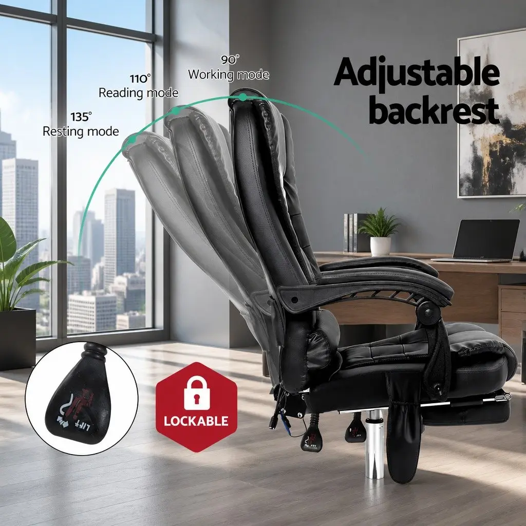 Massage Office Chair High Back 8 Point with Retractable Footrest and Heated Lumbar Support Black