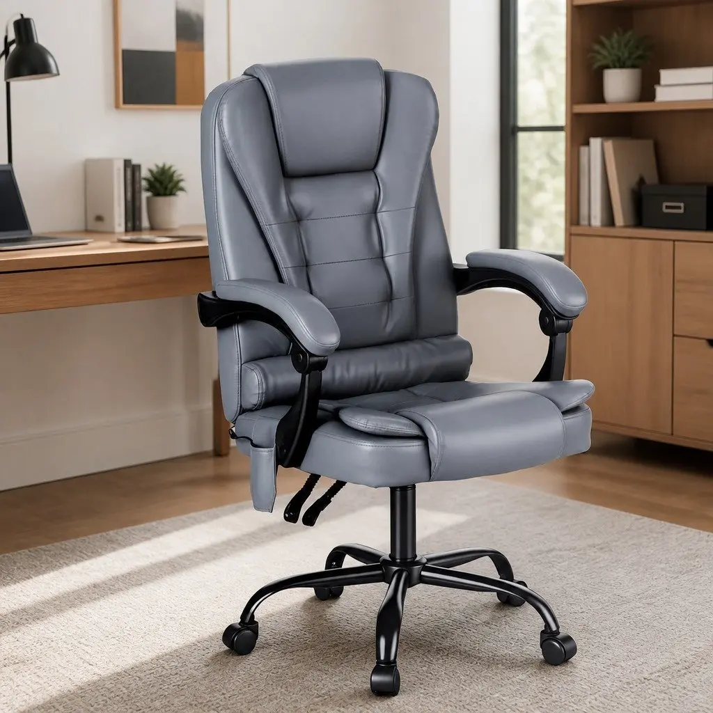 Massage Office Chair Grey 4-Point Adjustable Ergonomic Reclining with 135-Degree Backrest and Soft-Padded Armrests