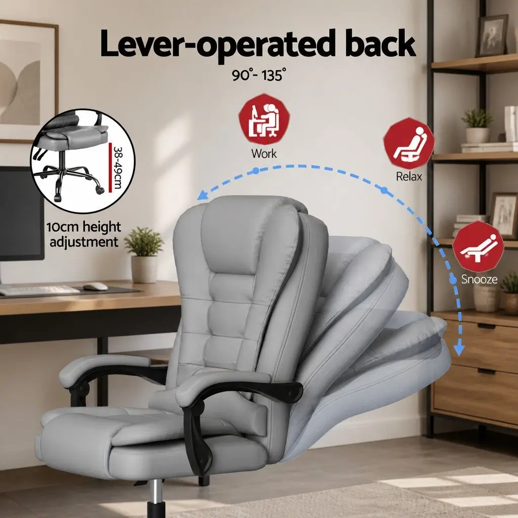 Massage Office Chair Grey 4-Point Adjustable Ergonomic Reclining with 135-Degree Backrest and Soft-Padded Armrests