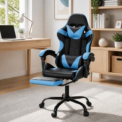 Cyan Blue Ergonomic Office Chair with Footrest for Relaxation